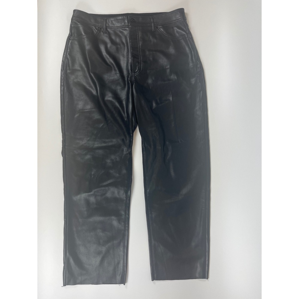 Express Modern Straight Super High Rise Black Faux Leather Pants 12S Raw Hem